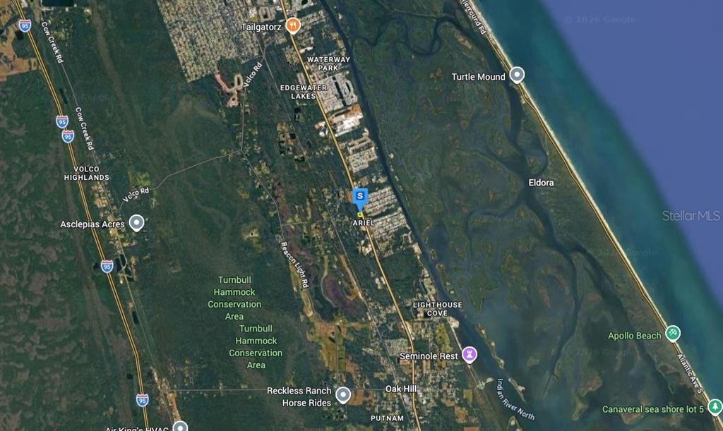 This is a satellite map showing the area surrounding Ariel, Florida, including nearby landmarks and roads — 4670 S RIDGEWOOD AVENUE, EDGEWATER, FL