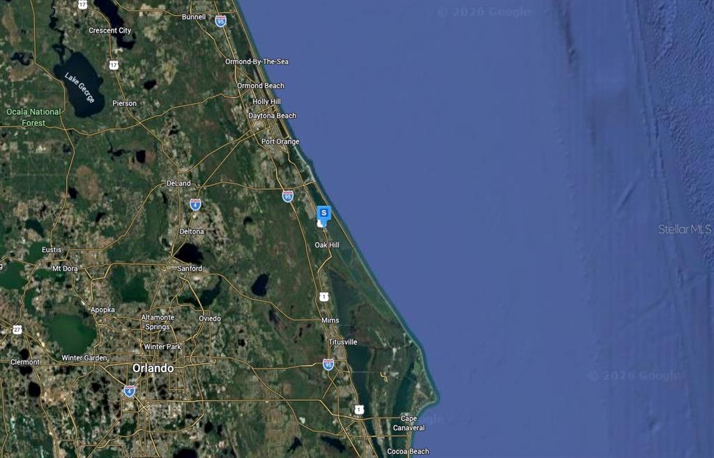 This is a satellite map showing the coastline of Central Florida, including Orlando and Daytona — 4670 S RIDGEWOOD AVENUE, EDGEWATER, FL