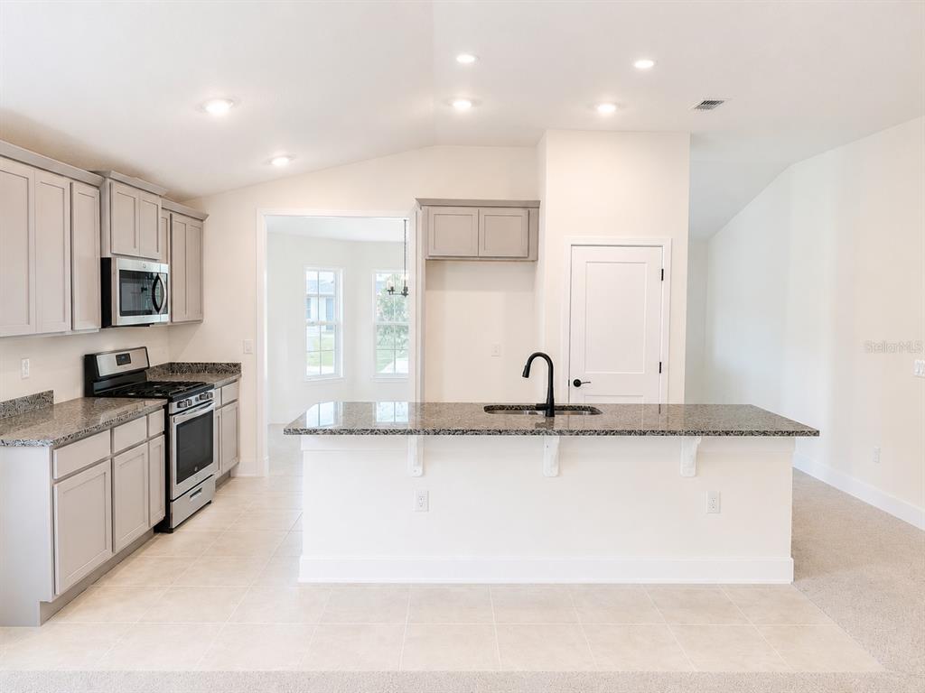A kitchen with light gray cabinets, granite countertops, a center island, and stainless steel appliances — 1643 ANN ROSE WAY, LEESBURG, FL