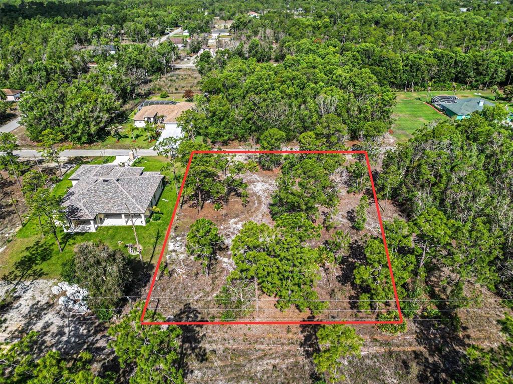 An aerial view shows a rectangular, wooded vacant lot outlined in red next to houses — 204 SCOTT AVENUE, LEHIGH ACRES, FL