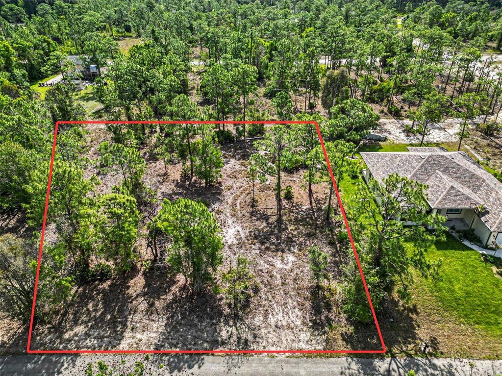 An aerial view shows a rectangular, wooded vacant lot outlined in red next to a house — 204 SCOTT AVENUE, LEHIGH ACRES, FL