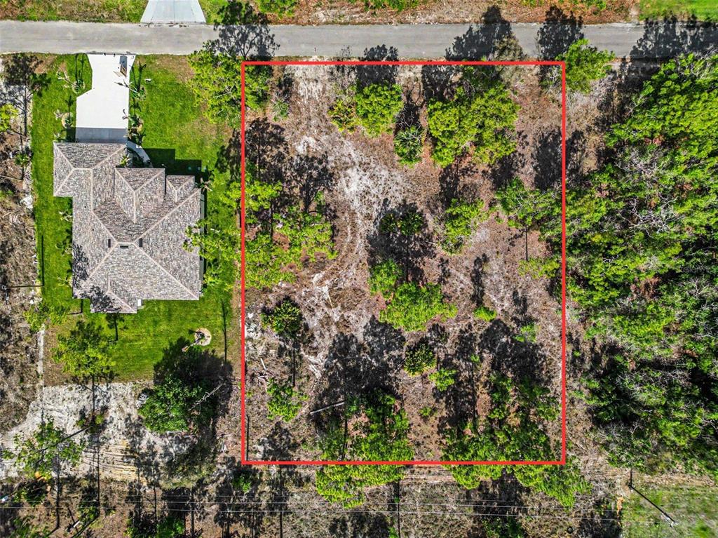 An aerial view shows a rectangular, wooded vacant lot next to a single-family home — 204 SCOTT AVENUE, LEHIGH ACRES, FL