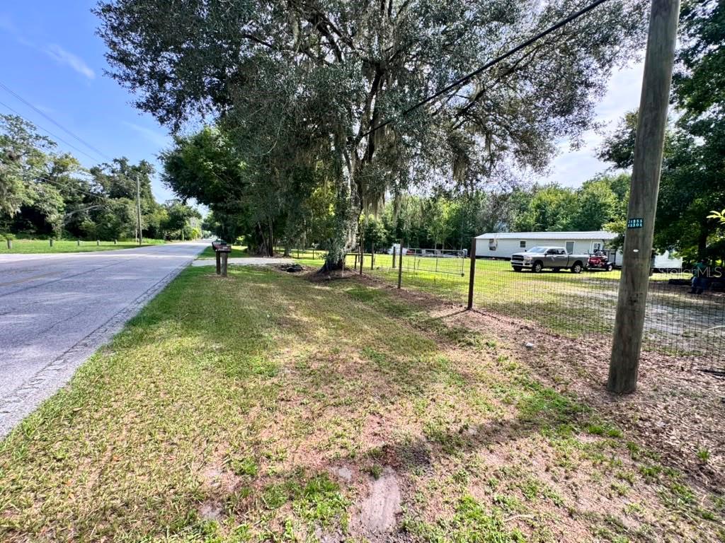 A grassy roadside lot features a wire fence, a large tree, and a distant mobile home — 3904 CORK ROAD, PLANT CITY, FL
