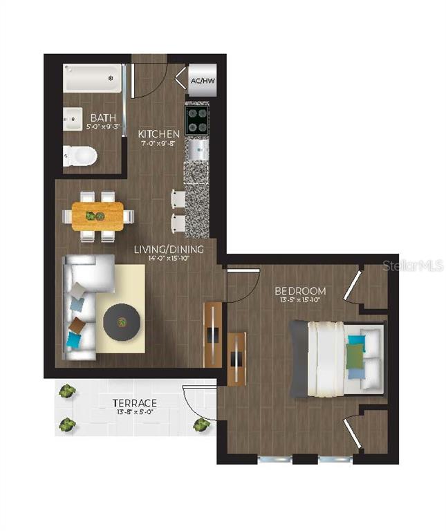 This is a floor plan for a one-bedroom apartment with a terrace and open kitchen — 536 BAHIA BEACH BOULEVARD UNIT 233C, RUSKIN, FL