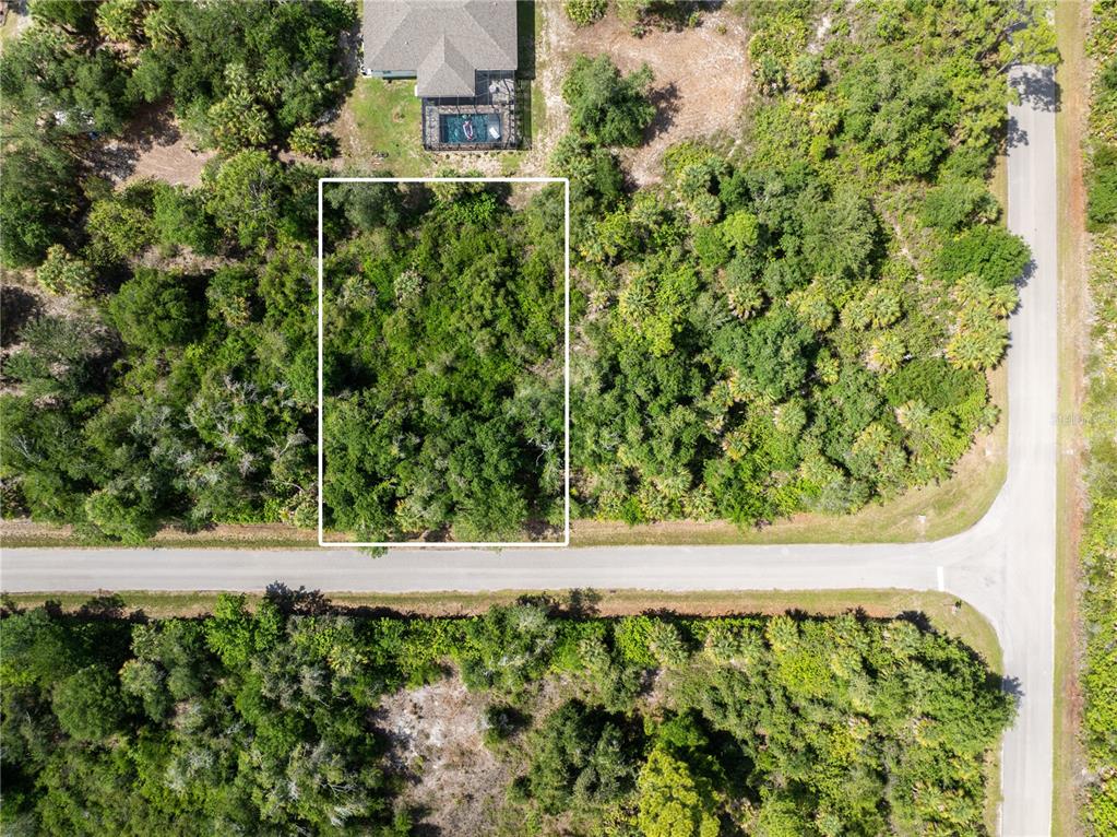 An aerial view shows a rectangular, wooded vacant lot outlined in white next to a road — 14427 MOLLA AVENUE, PORT CHARLOTTE, FL
