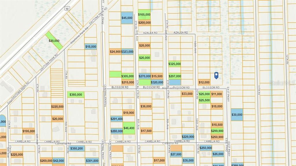 This is a map showing property values for various land parcels in a residential area — BLOSSOM ROAD, DELAND, FL