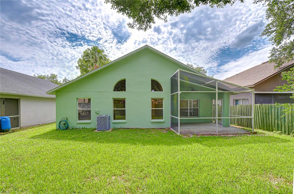 The exterior of a light green house features a screened-in patio and a grassy backyard — 18927 TWINBERRY DRIVE, TAMPA, FL