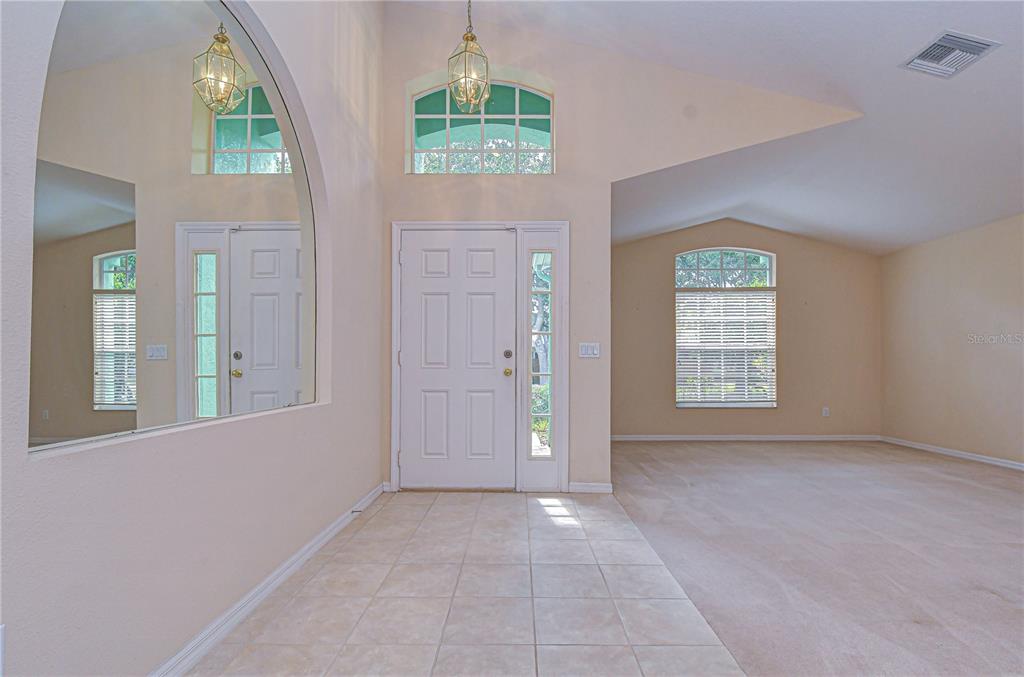 An entryway features tiled flooring, a white front door, a large mirror, and vaulted ceilings — 18927 TWINBERRY DRIVE, TAMPA, FL