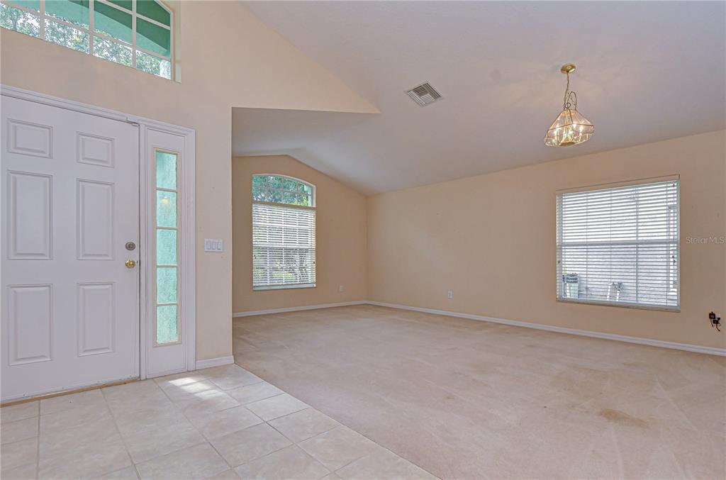 An entryway with tile flooring leads into a carpeted living room with vaulted ceilings — 18927 TWINBERRY DRIVE, TAMPA, FL