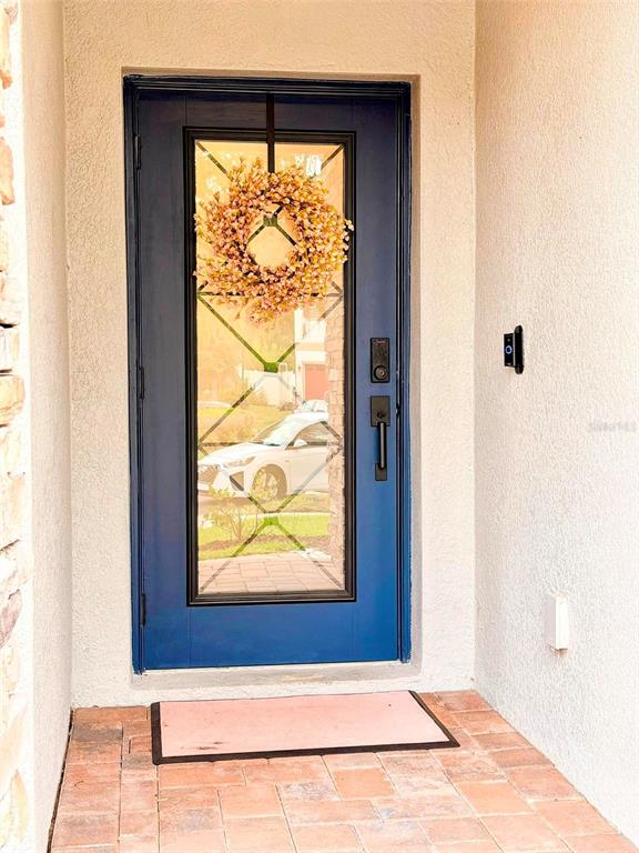 A blue front door with a glass insert and wreath opens onto a brick porch — 19311 PRAIRIE TREE PLACE, TAMPA, FL