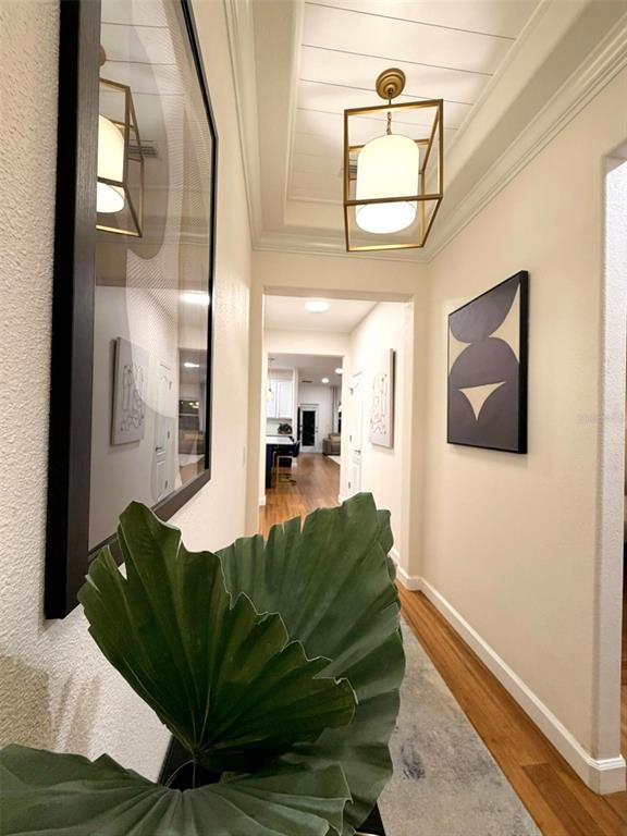 A hallway features a coffered ceiling, a gold lantern pendant light, and framed wall art — 19311 PRAIRIE TREE PLACE, TAMPA, FL
