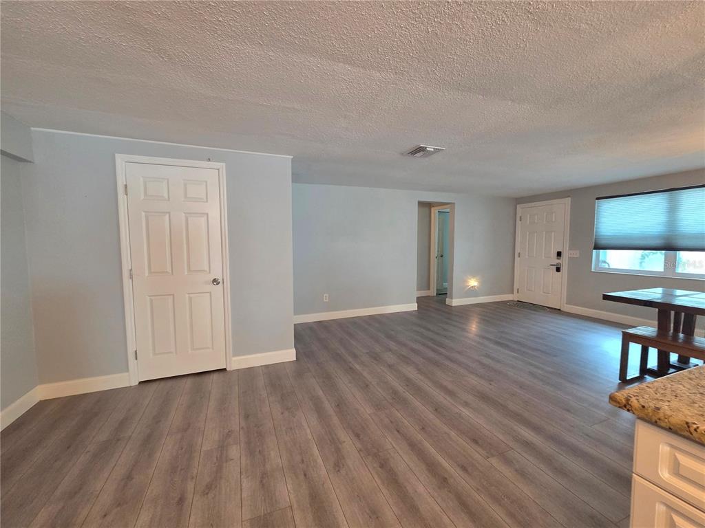 An open-concept room features light blue walls, gray wood-look flooring, and a white interior door — 9820 POCONO STREET, PORT RICHEY, FL