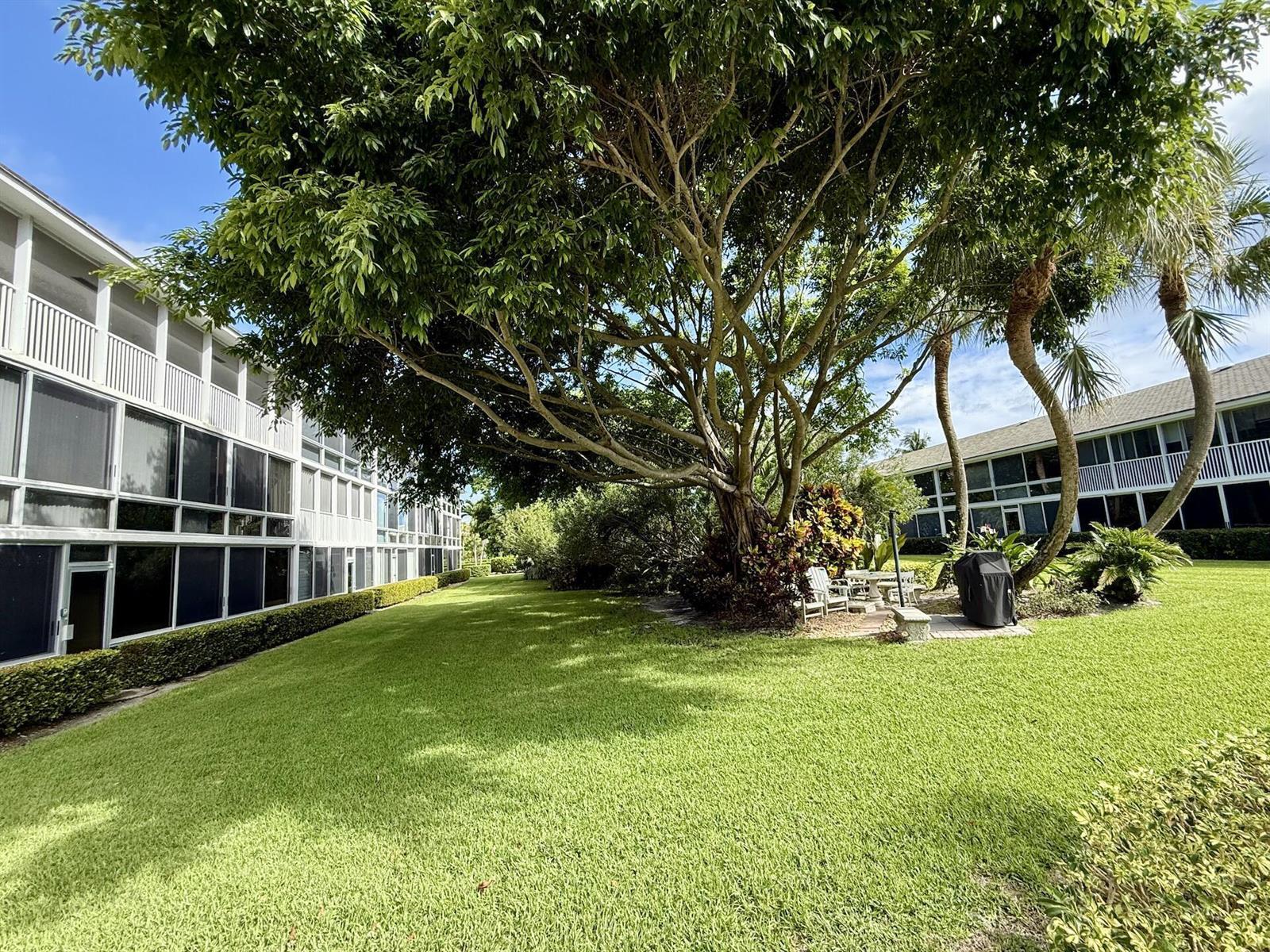 A large tree shades a grassy lawn between two multi-story apartment buildings with screened balconies — 50 Celestial Way # 305, Juno Beach FL 33408, JUNO BEACH, FL