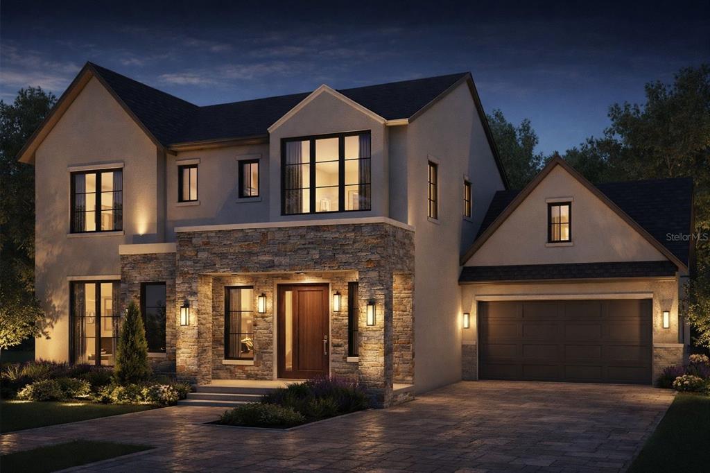 This is a rendering of a two-story house with a stone facade and attached garage — 1870 STAUNTON AVENUE, WINTER PARK, FL