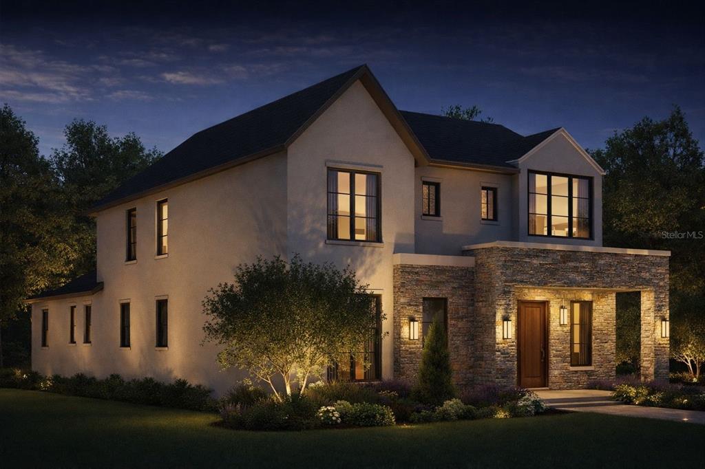A digital rendering of a two-story house exterior with stone accents at twilight — 1870 STAUNTON AVENUE, WINTER PARK, FL