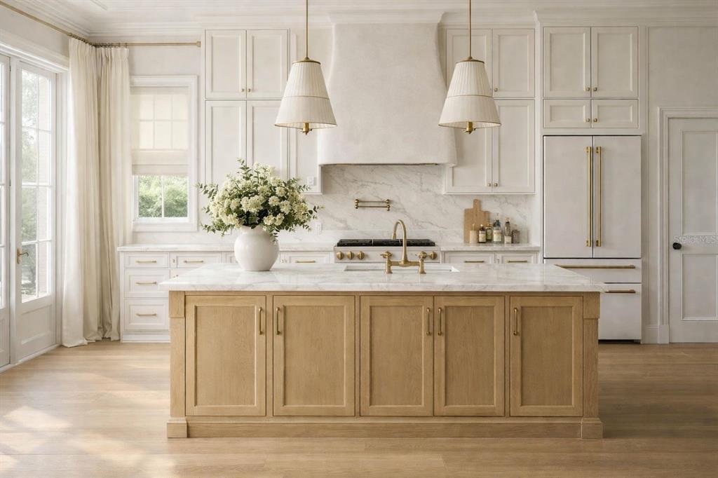 A kitchen features a light wood island, white cabinetry, marble countertops, and two pendant lights — 1870 STAUNTON AVENUE, WINTER PARK, FL