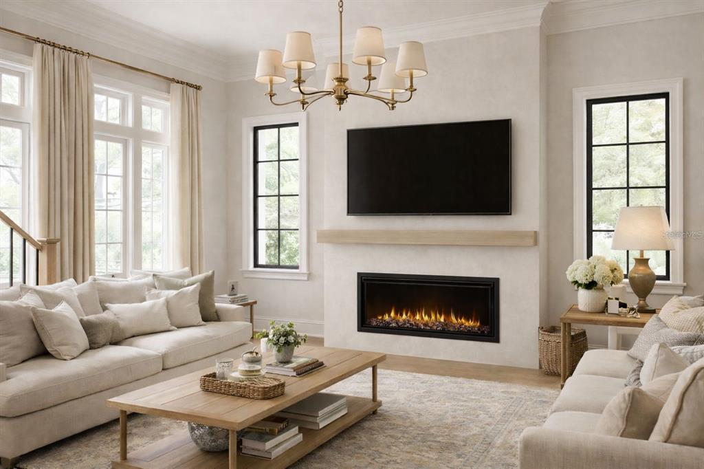 This rendering shows a living room with a fireplace, a television, and neutral-toned furniture — 1870 STAUNTON AVENUE, WINTER PARK, FL