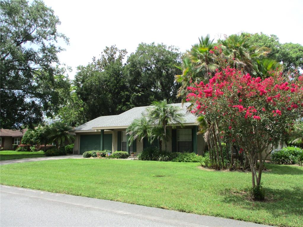 A single-story house with a green garage door, a lawn, and a large flowering tree — 1118 KNIGHTS PLACE, LAKELAND, FL