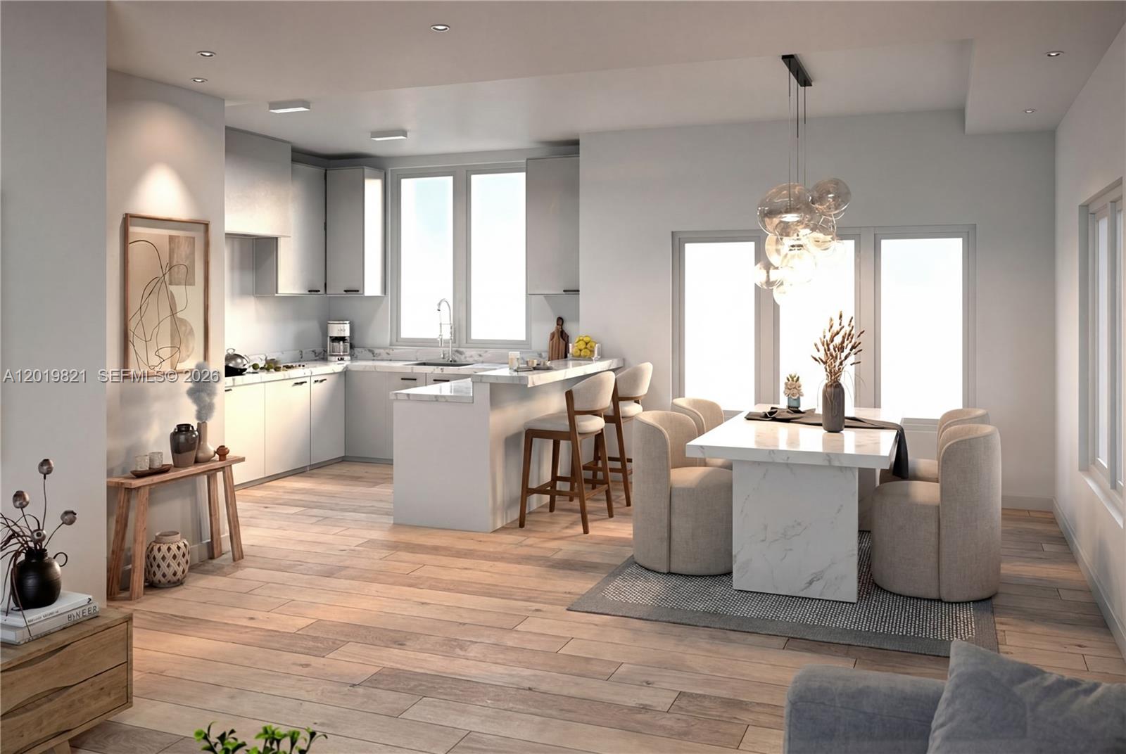 This rendering shows a modern kitchen and dining area with marble countertops and wood flooring — FORT LAUDERDALE, FL