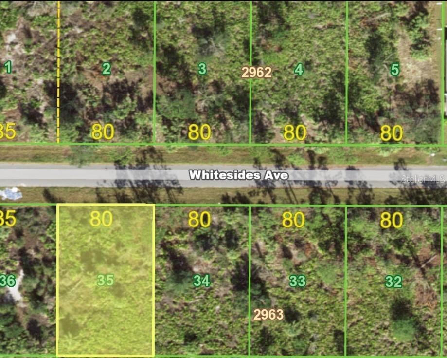 An aerial map shows a residential lot highlighted in yellow along Whitesides Avenue — 14211 WHITESIDES AVENUE, PORT CHARLOTTE, FL