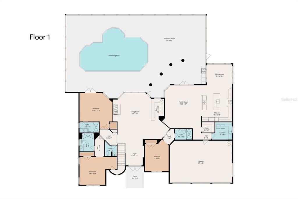 This is a floor plan of a house featuring a large screened porch and swimming pool — 4215 S B MERRION ROAD, LAKELAND, FL
