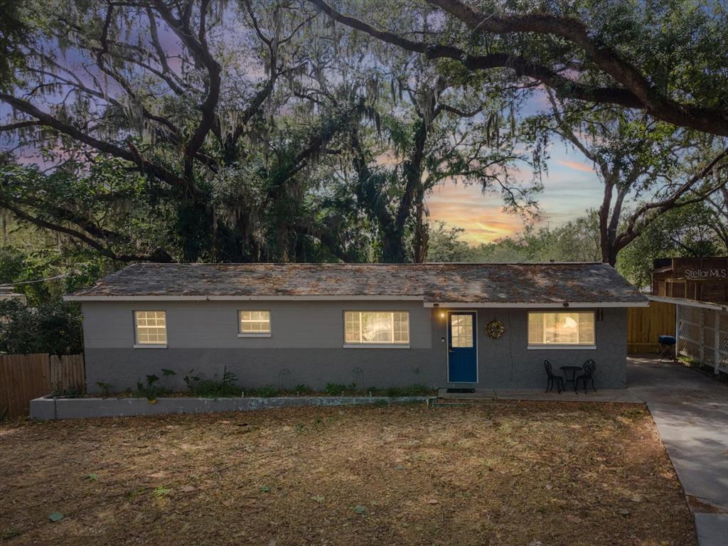 A single-story gray house with a blue front door sits under large oak trees — 8512 N 29TH STREET, TAMPA, FL