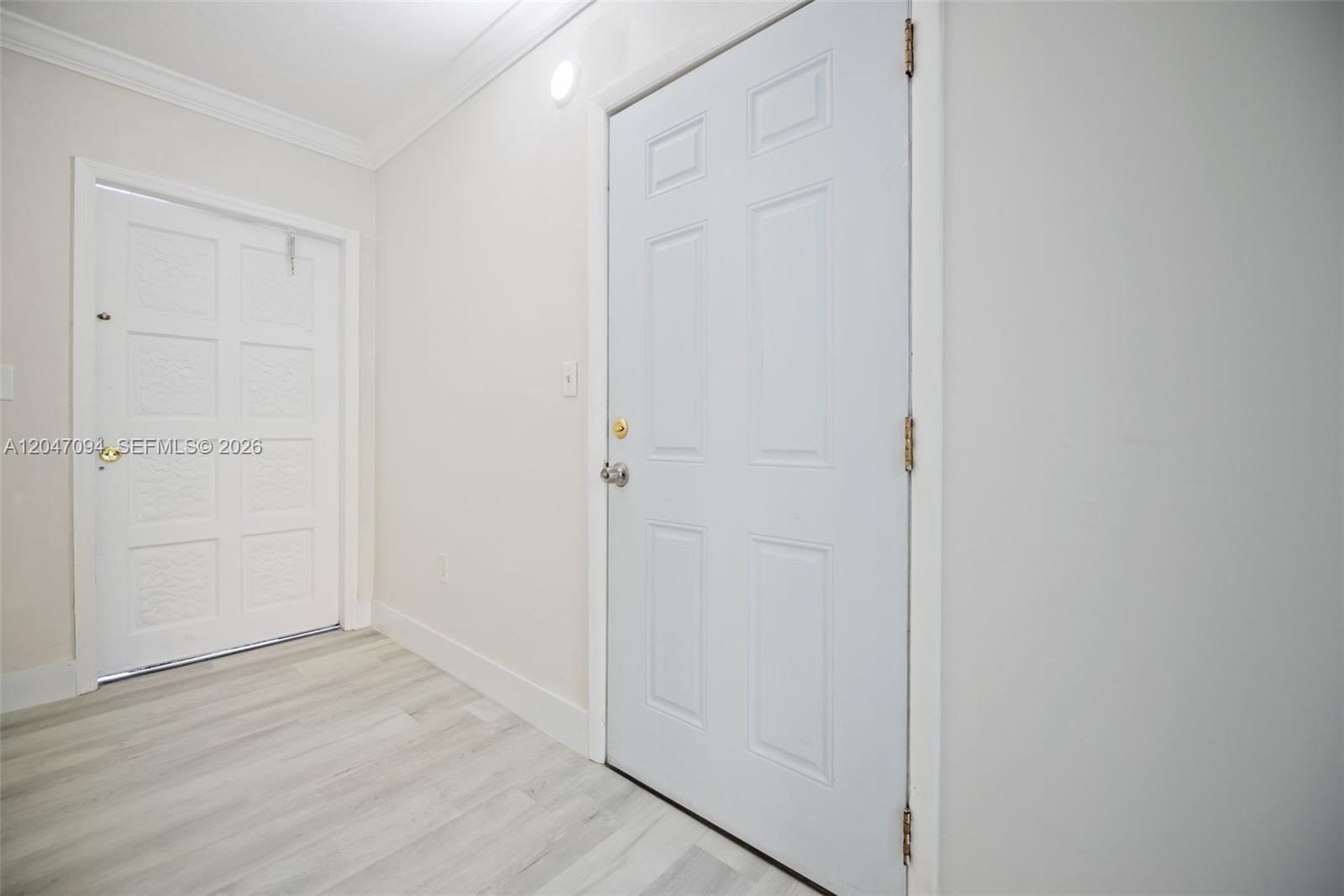 A hallway features light wood-look flooring, white walls, and two white paneled doors — MIAMI, FL