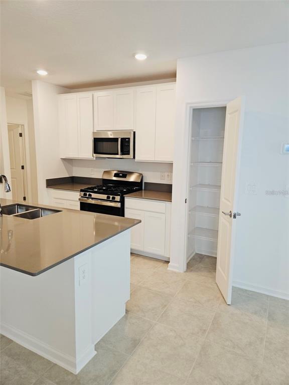 A kitchen features white cabinets, stainless steel appliances, a gray countertop, and a walk-in pantry — 26220 FEATHERGRASS CIRCLE, LEESBURG, FL