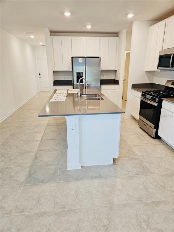 A kitchen features white cabinets, a gray island countertop, and stainless steel appliances — 26220 FEATHERGRASS CIRCLE, LEESBURG, FL