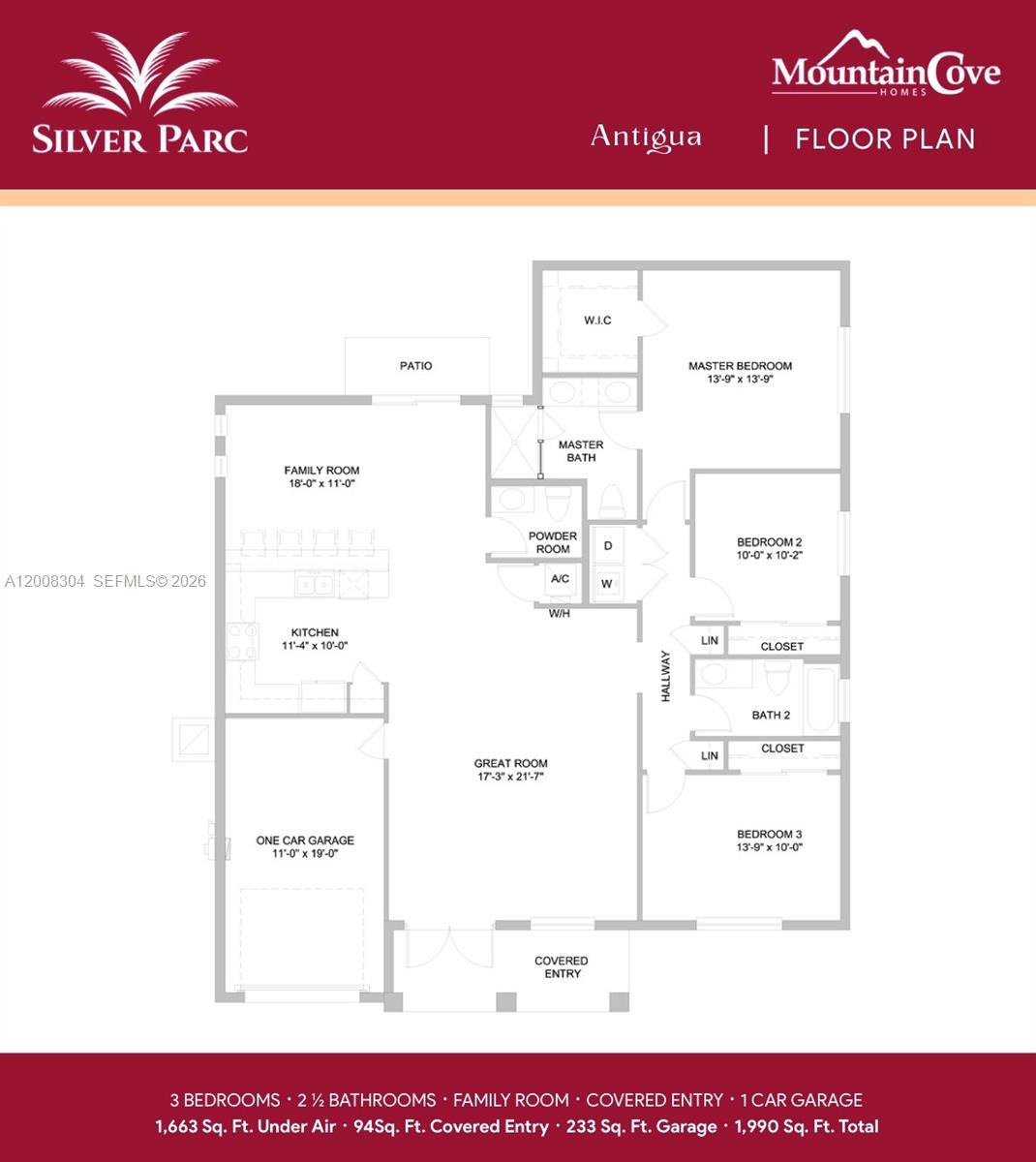 This is a floor plan for a three-bedroom, two-and-a-half-bathroom home with a garage — 11910 SW 231 Ln, Miami FL 33170, MIAMI, FL