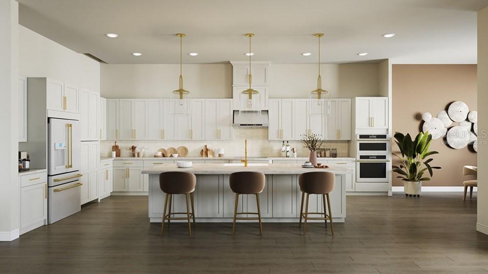 This is a virtually staged rendering of a modern kitchen with white cabinetry and gold hardware — 26843 VICTORIA PLACE, PUNTA GORDA, FL