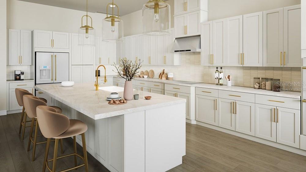 This is a virtually staged rendering of a modern kitchen with white cabinets and gold hardware — 26843 VICTORIA PLACE, PUNTA GORDA, FL