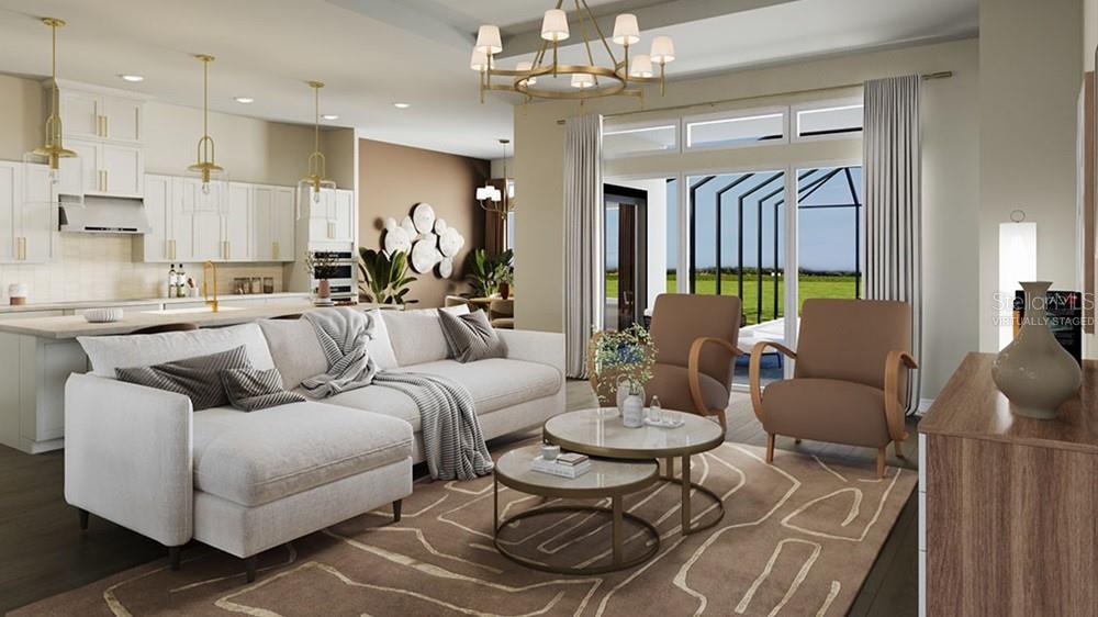 This is a digital rendering of an open-concept living room and kitchen with neutral decor — 26843 VICTORIA PLACE, PUNTA GORDA, FL