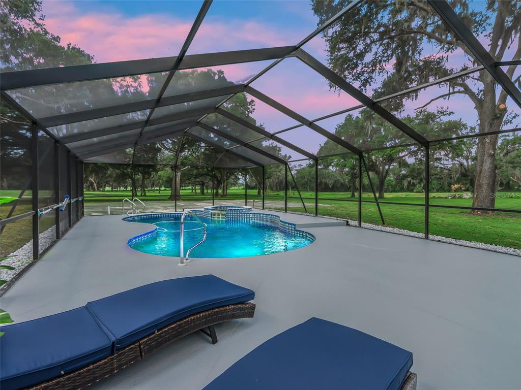 A screened-in pool and hot tub overlook a grassy yard with mature trees at sunset — 10660 E BUSHNELL ROAD, FLORAL CITY, FL
