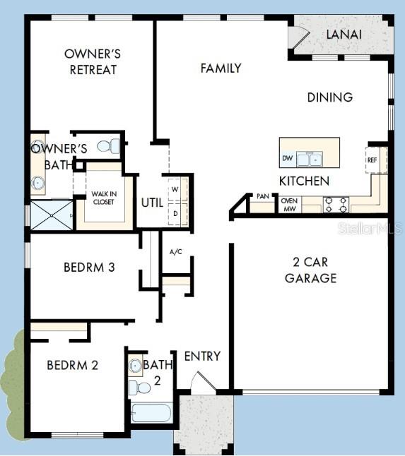 This floor plan shows a three-bedroom, two-bathroom home with an open kitchen and two-car garage — 5268 COLONY VISTA DRIVE, APOLLO BEACH, FL