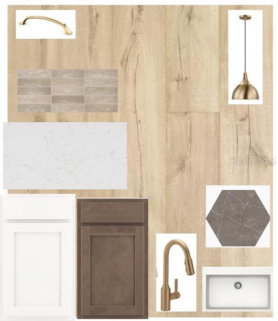 This is a design board showing kitchen finish samples, including cabinetry, flooring, countertops, and hardware — 5268 COLONY VISTA DRIVE, APOLLO BEACH, FL