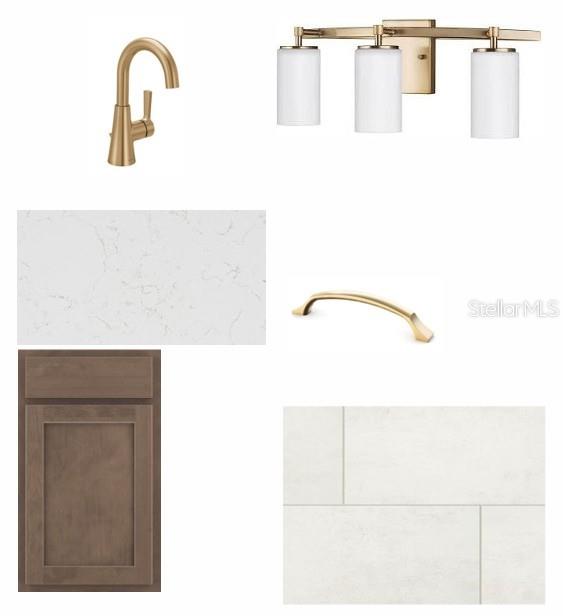 This image displays a collage of interior design finishes, including cabinetry, hardware, lighting, and tile — 5268 COLONY VISTA DRIVE, APOLLO BEACH, FL