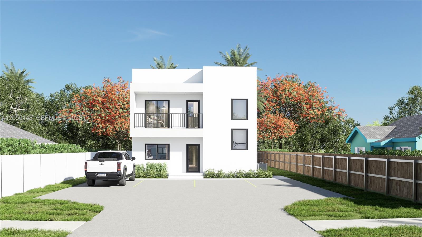 This is a digital rendering of a modern two-story white house with a paved driveway — 345 SW 3rd St, Florida City FL 33034, FLORIDA CITY, FL