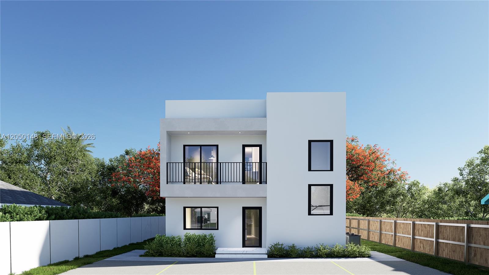 This is a rendering of a modern two-story house with a balcony and paved parking — 345 SW 3rd St, Florida City FL 33034, FLORIDA CITY, FL
