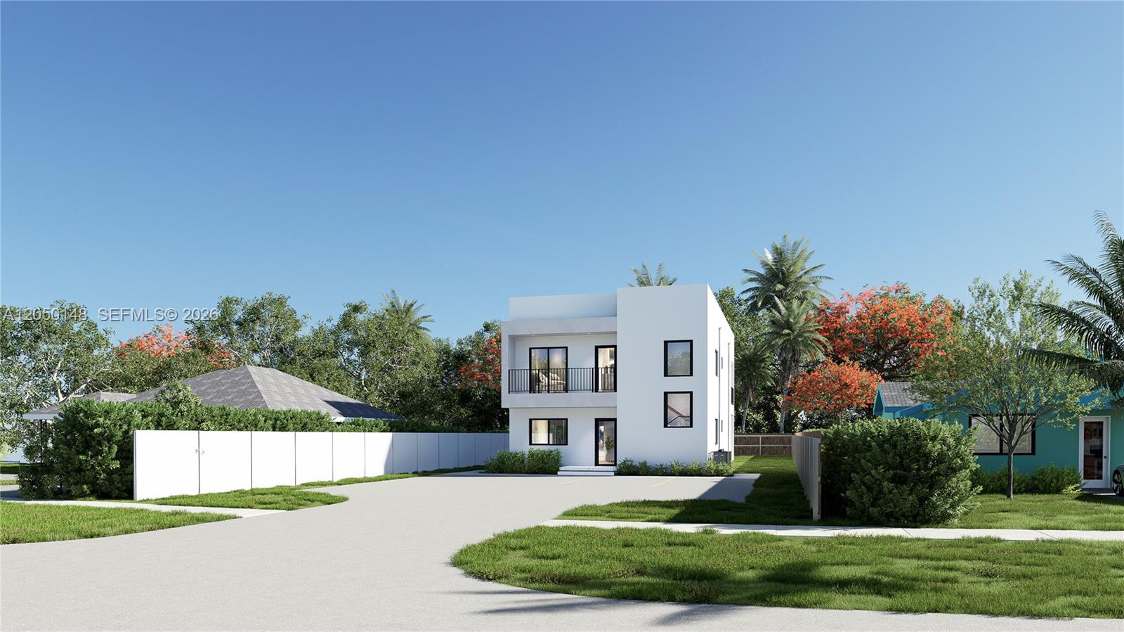 This is a digital rendering of a modern two-story white house with a balcony — 345 SW 3rd St, Florida City FL 33034, FLORIDA CITY, FL