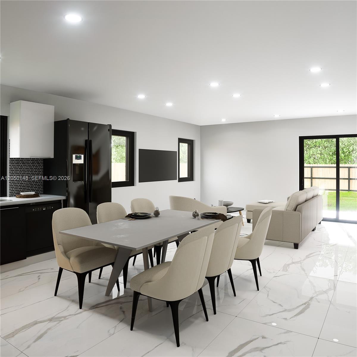 This is a rendering of an open-concept kitchen and living area with marble-look tile flooring — 345 SW 3rd St, Florida City FL 33034, FLORIDA CITY, FL