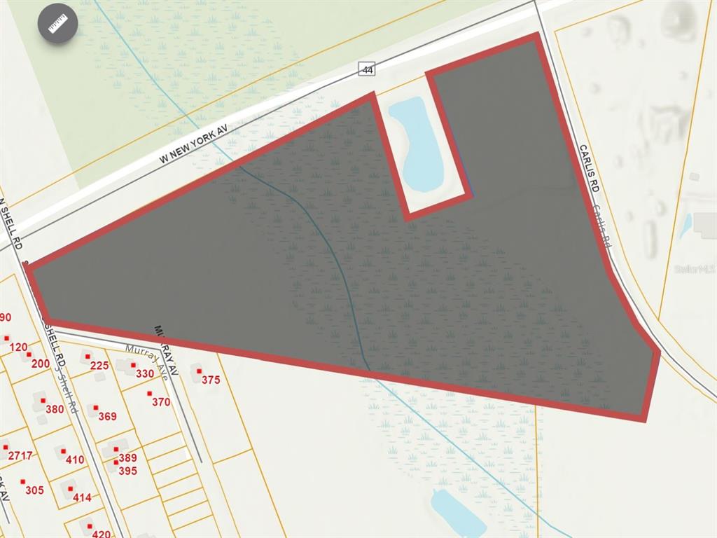 This is a map showing a large, irregularly shaped parcel of land outlined in red — 44 W SR 44 NEW YORK AVENUE, DELAND, FL