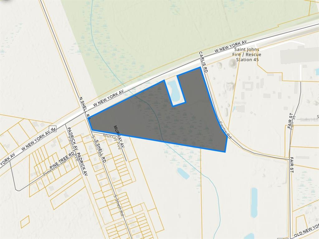 This is a map showing a large, irregularly shaped parcel of land highlighted in gray — 44 W SR 44 NEW YORK AVENUE, DELAND, FL