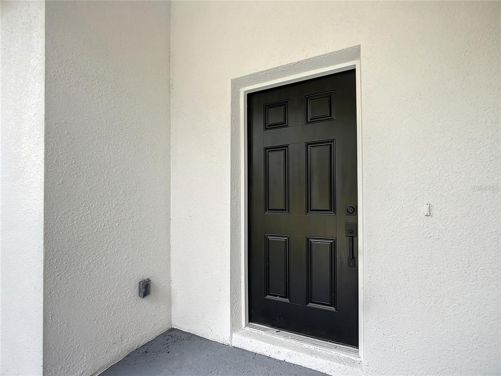 A black six-panel front door is set within a white stucco exterior wall — 8070 SW 131ST LANE, OCALA, FL