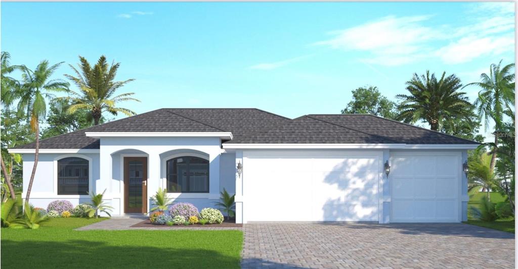 This is a digital rendering of a single-story house with a three-car garage — 0 LONGFELLOW LANE, NORTH PORT, FL