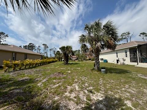 A grassy backyard area sits between two houses with palm trees under a cloudy sky — 197 JADE STREET, ROTONDA WEST, FL