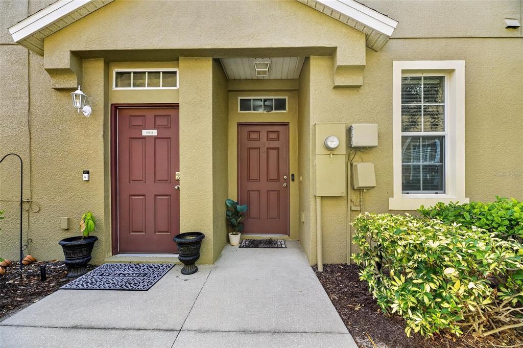 The exterior of a residential building features two brown front doors and a side window — 8833 MOONLIT MEADOWS LOOP, RIVERVIEW, FL