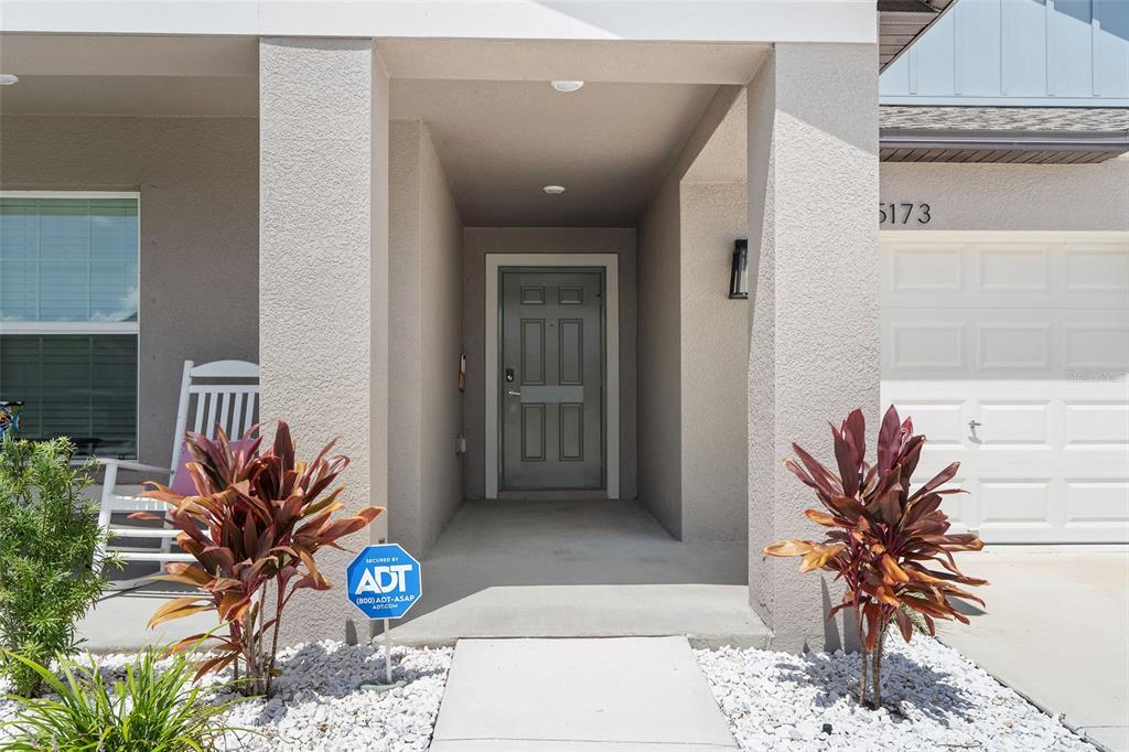 The exterior entrance features a gray front door, a concrete walkway, and two potted plants — 15173 RAINBOW QUARTZ STREET, WIMAUMA, FL