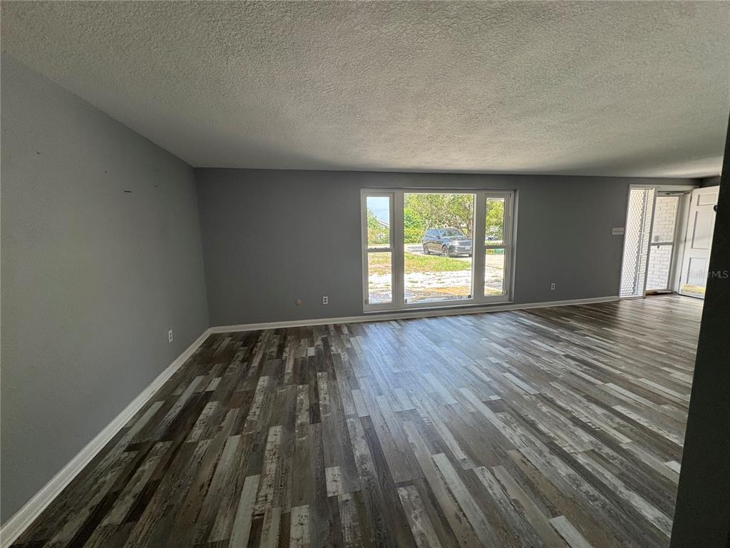 An empty living room features gray walls, wood-look flooring, and a large picture window — 907 S FLORIDA AVENUE, TARPON SPRINGS, FL