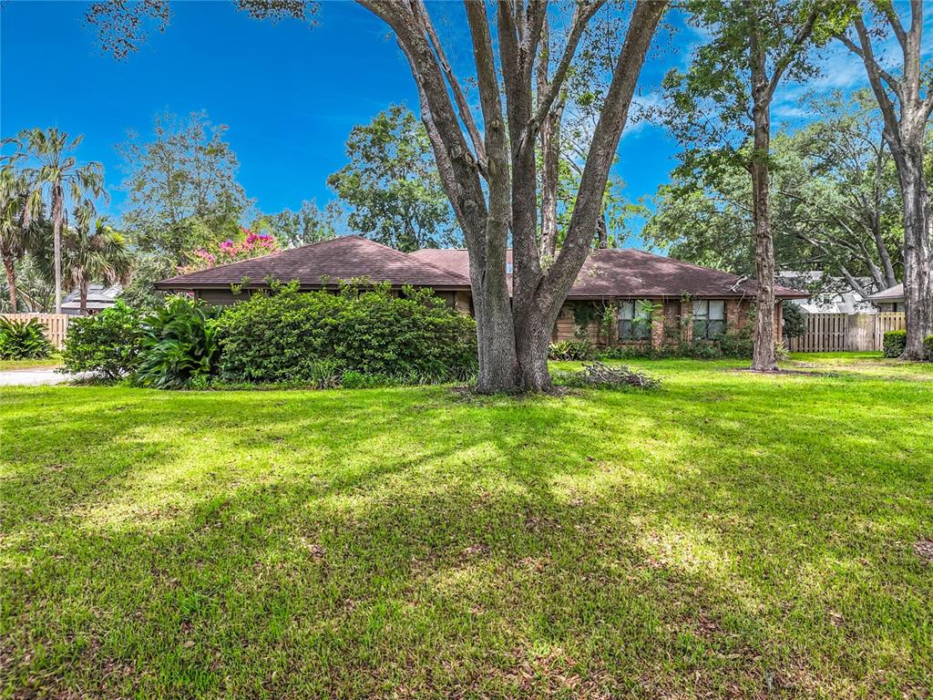A single-story brick house with a large tree in the front yard — 290 GLENEAGLES DRIVE, ORANGE PARK, FL